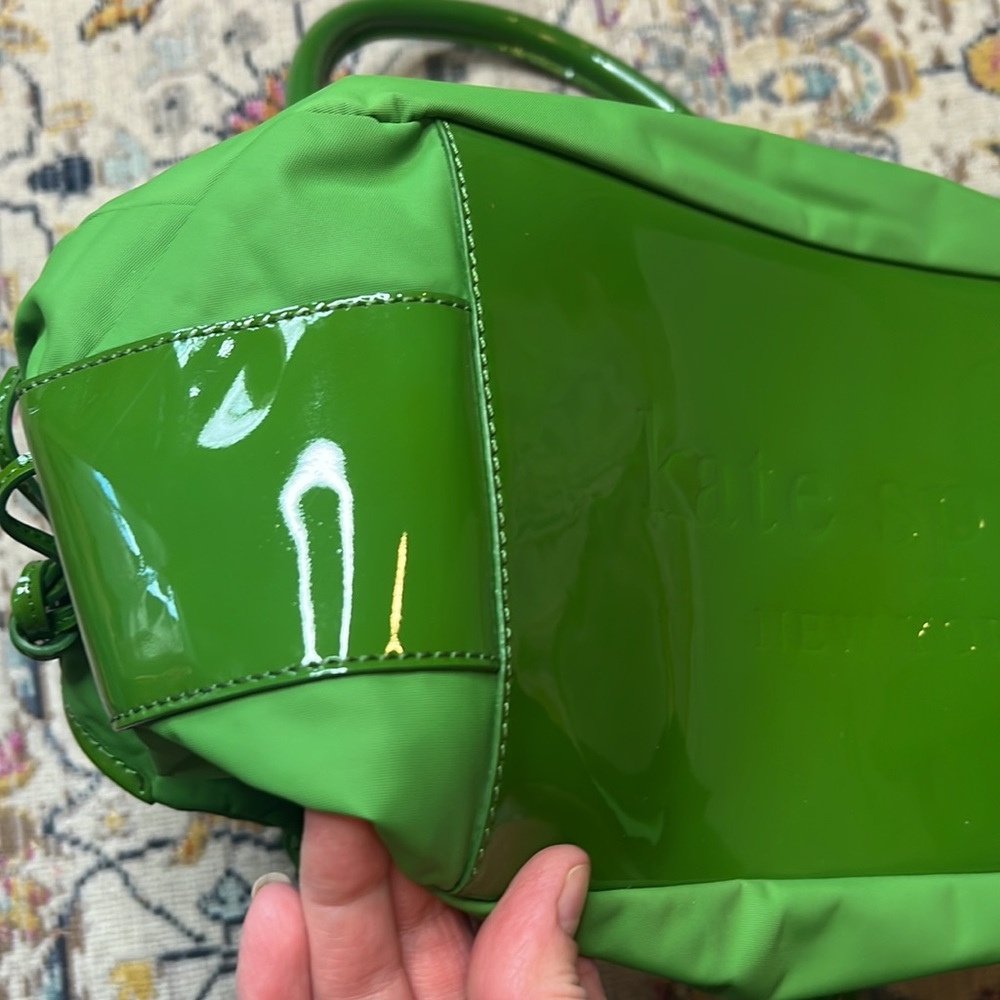 Vintage Kate Spade Stevie Green Nylon and Patent Leather Satchel Handbag - Picture 4 of 16